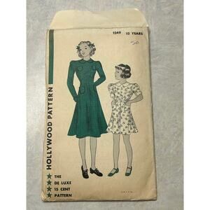 Vintage 30's-40's Hollywood Pattern #1249 Girls One Piece Frock Dress Sz 12 Yrs